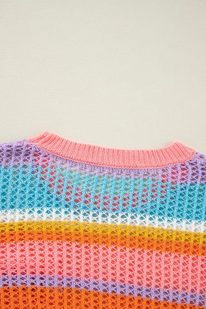 Pink Stripe Colorblock Hollowed Crochet 3/4 Sleeve Sweater
