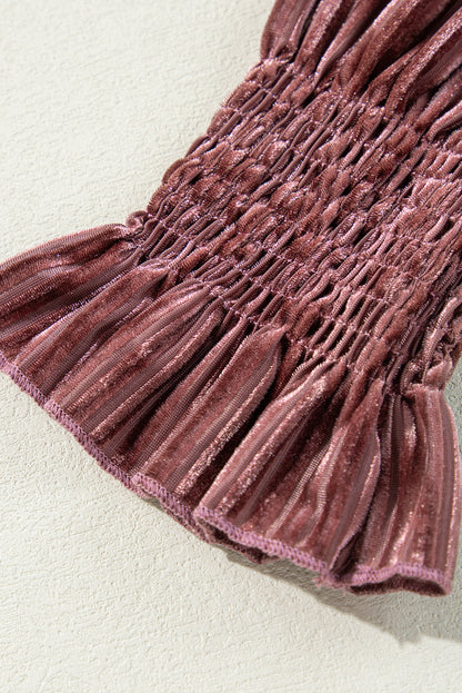 Blackish Green Smocked Ribbed Velvet Babydoll Top