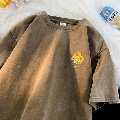 Sunflower Embroidered Washed Short-sleeved T-shirt For Men