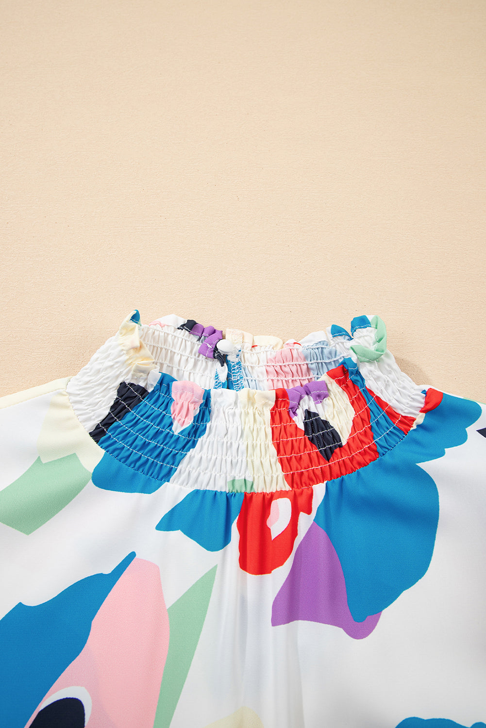 Multicolor Abstract Print Ruffle Sleeve Smocked Blouse