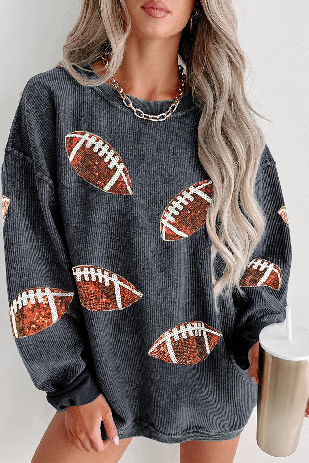Black Sequin Rugby Graphic Pullover Sweatshirt