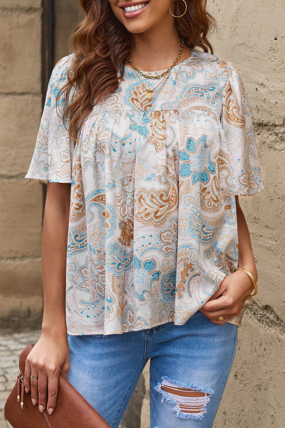 Sky Blue Paisley Pattern Print Drawstring V Neck Blouse