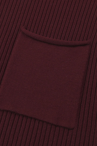 Blackish Green Patch Pocket Ribbed Knit Short Sleeve Sweater