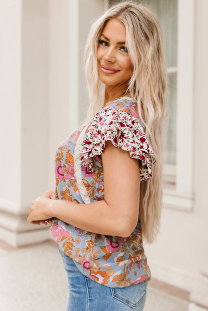 Brown Vintage Floral Smocked Bodice Flare Sleeve Tiered Long Dress