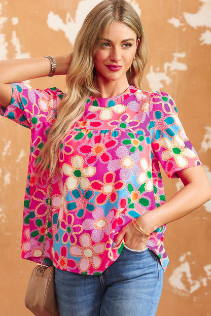 Multicolor Floral Print Smocked Square Neck Ruffles Blouse