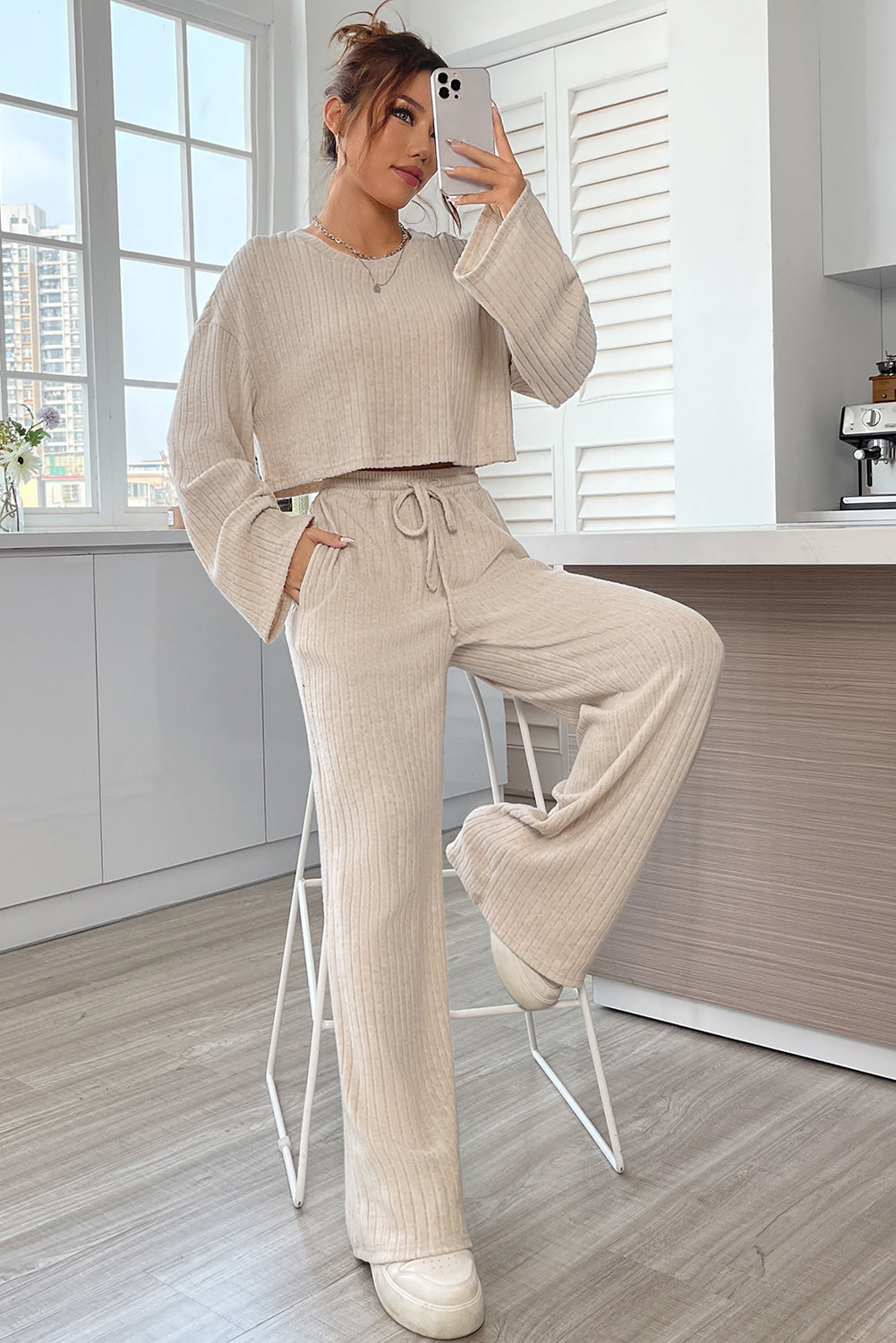 Pink Plain Ribbed Loose Fit Two Piece Lounge Set