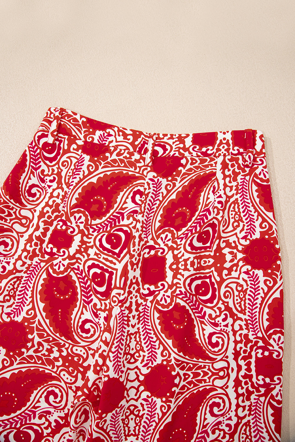 Red Paisley Printed Buttoned High Waist Straight Leg Pants