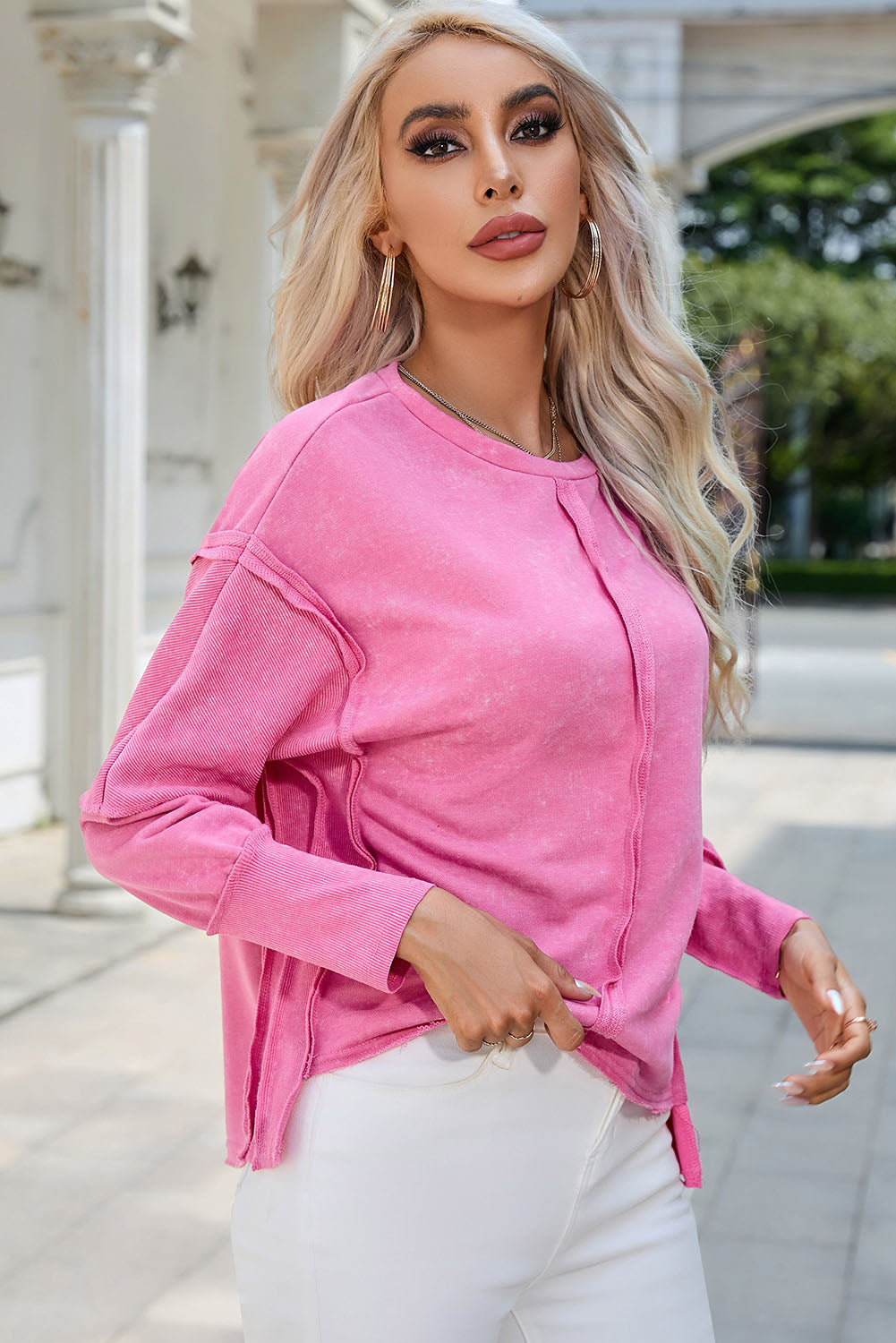 Rose Exposed Seamed High Low Raw Edge Sweatshirt