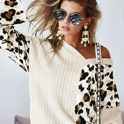Women's Pullover Fashion Beige Leopard Print Long Sleeve V-neck Sweater