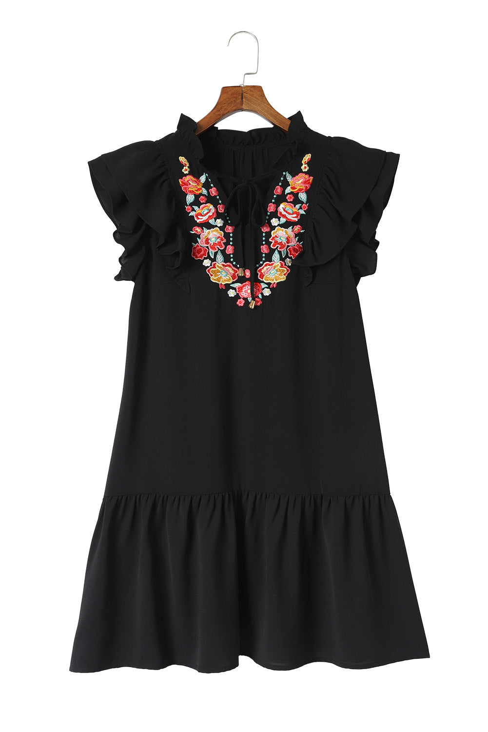 Black Floral Embroidered Ruffle Sleeve Shift Dress