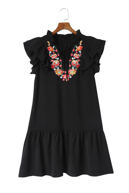 Black Floral Embroidered Ruffle Sleeve Shift Dress