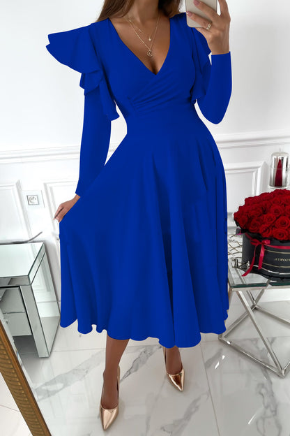 Long Sleeve V-neck Flounce Waist Dress Women's Clothing