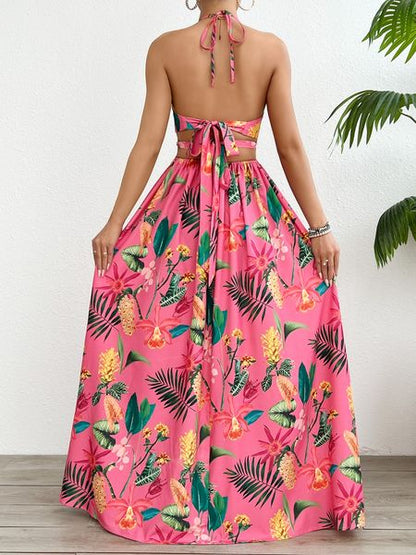 Printed Backless Side Slit Halter Dress H6VE68KF2K