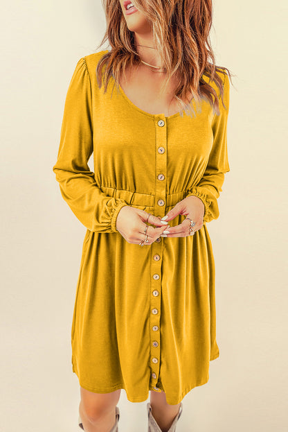 Orange Button Up High Waist Long Sleeve Dress
