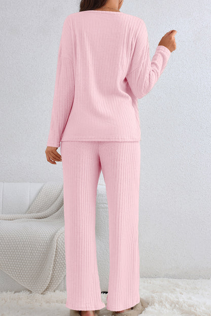 Pink Plain Ribbed Loose Fit Two Piece Lounge Set