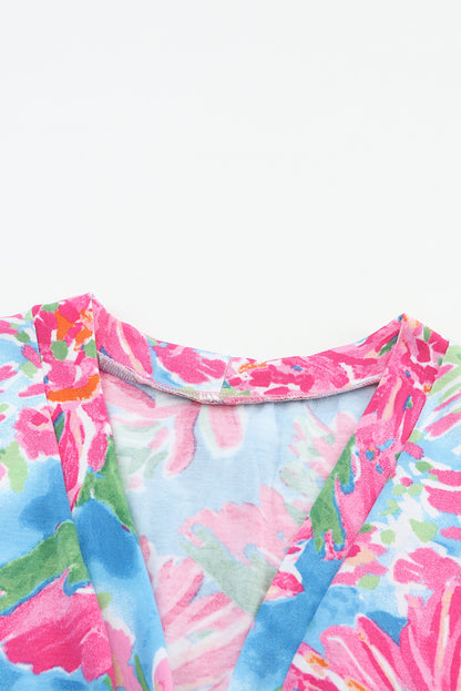 Pink Floral Print Buttoned V Neck Shirt