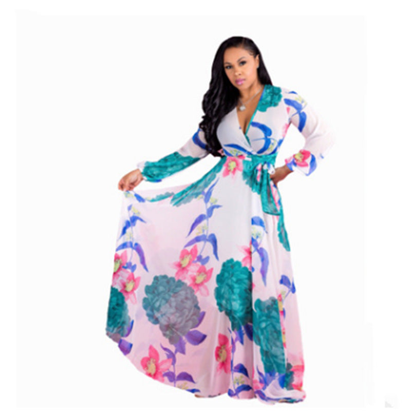 Chiffon Long-Sleeved Digital Print Big Skirt Dress Women's Clothing