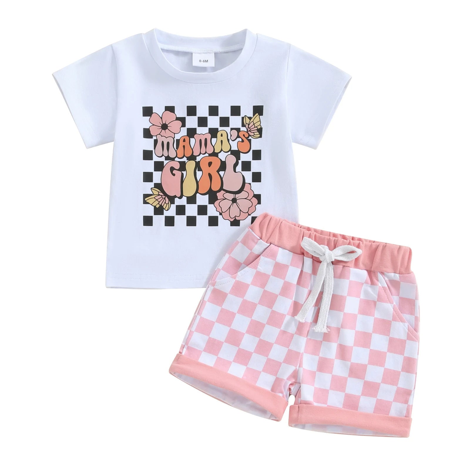 English Letter Short Sleeve Tie-neck Plaid Shorts Children Suit