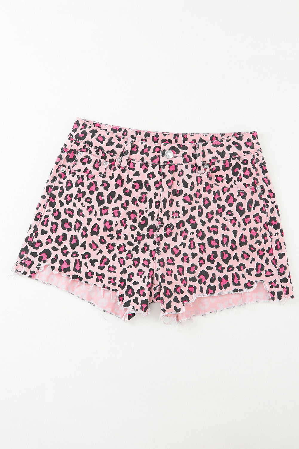 Pink Leopard Print Raw Hem Denim Shorts