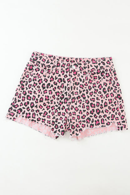 Pink Leopard Print Raw Hem Denim Shorts