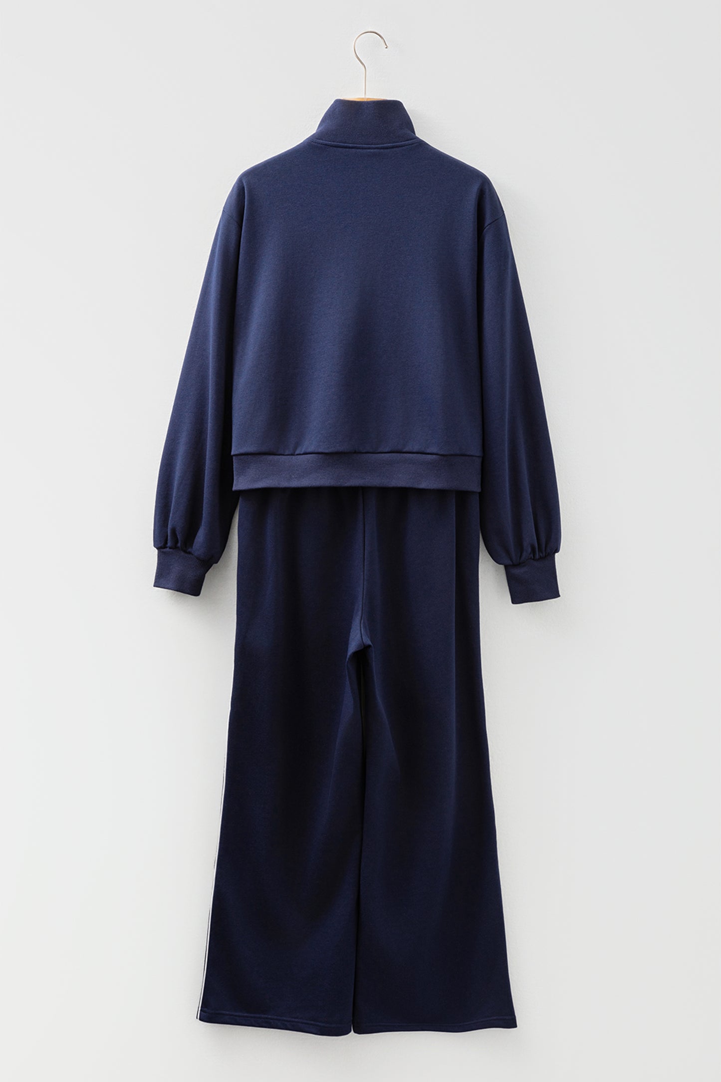 Navy Blue Contrast Piping Zipped Pullover Cropped Pants Set