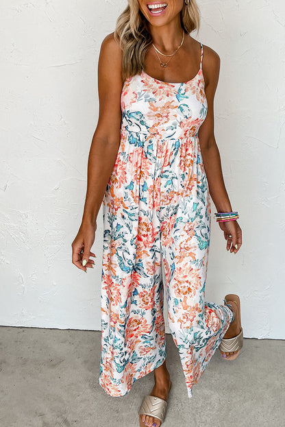 White Plus Size Floral Print Sleeveless Wide Leg Jumpsuit