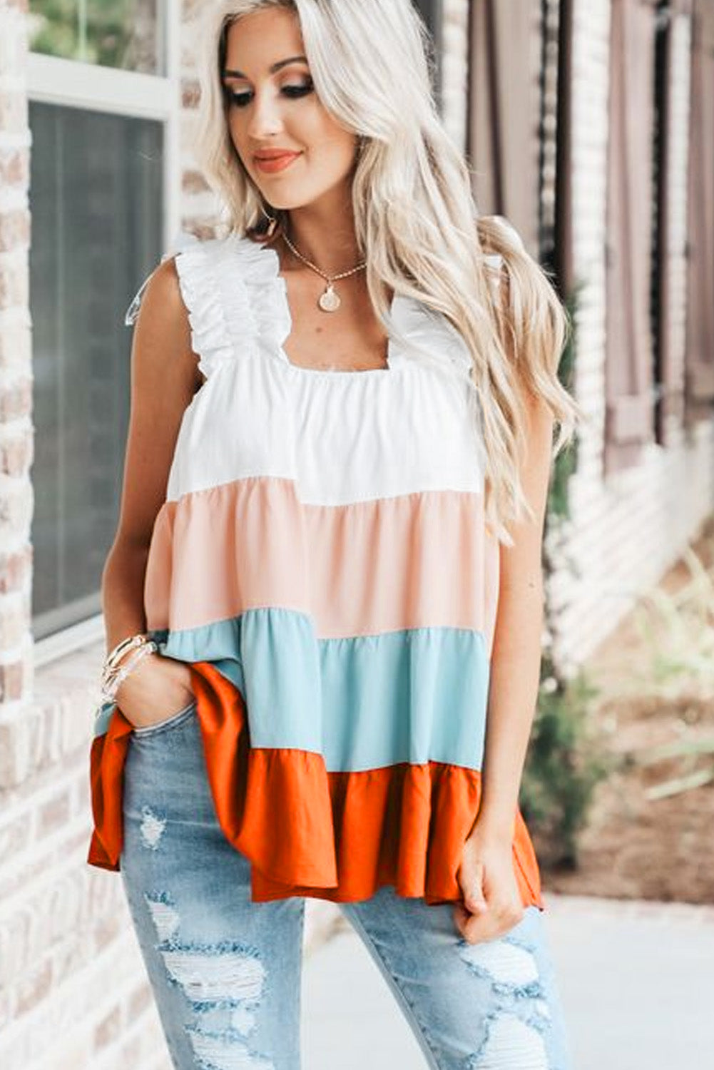 Multicolor Frill Tiered Colorblock A-line Sundress
