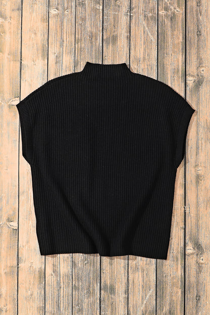 Blackish Green Patch Pocket Ribbed Knit Short Sleeve Sweater