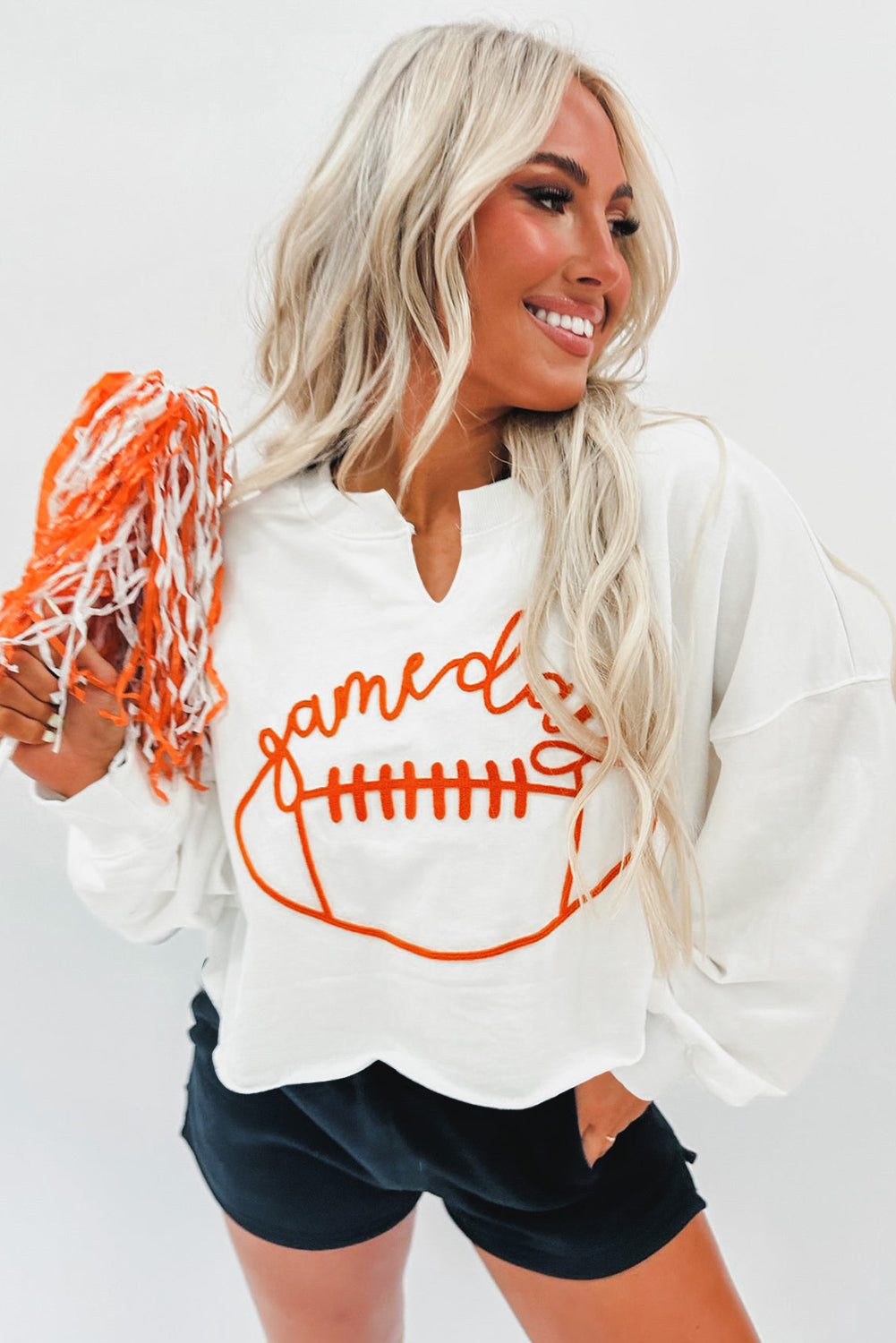 Orange Game Day Lettering Rugby Notched Neck Sweatshirt
