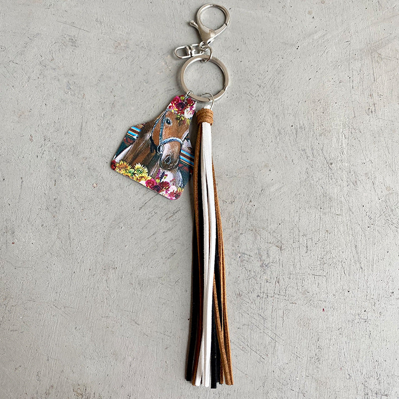 Western Farm Style Leather Key Chain Cow Horse Deer Cow Brand-shaped Leather Tassel