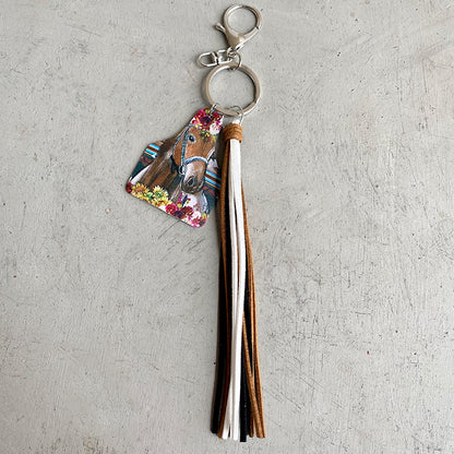 Western Farm Style Leather Key Chain Cow Horse Deer Cow Brand-shaped Leather Tassel