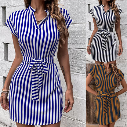 European And American Women's Clothing Sleeveless Striped Lace-up Dress