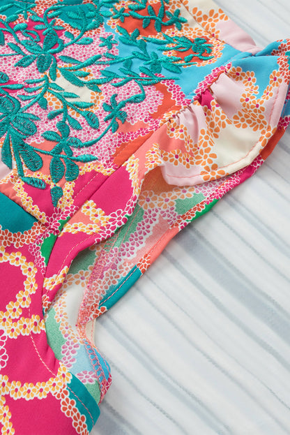 Multicolor Floral Print Smocked Square Neck Ruffles Blouse