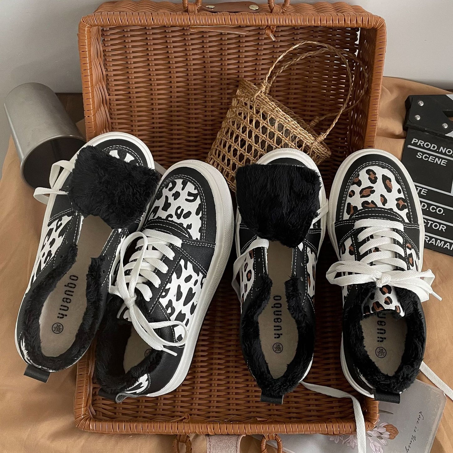 Women's Casual Winter Leopard Print With Velvet Canvas Shoes