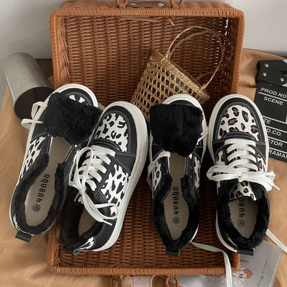 Women's Casual Winter Leopard Print With Velvet Canvas Shoes