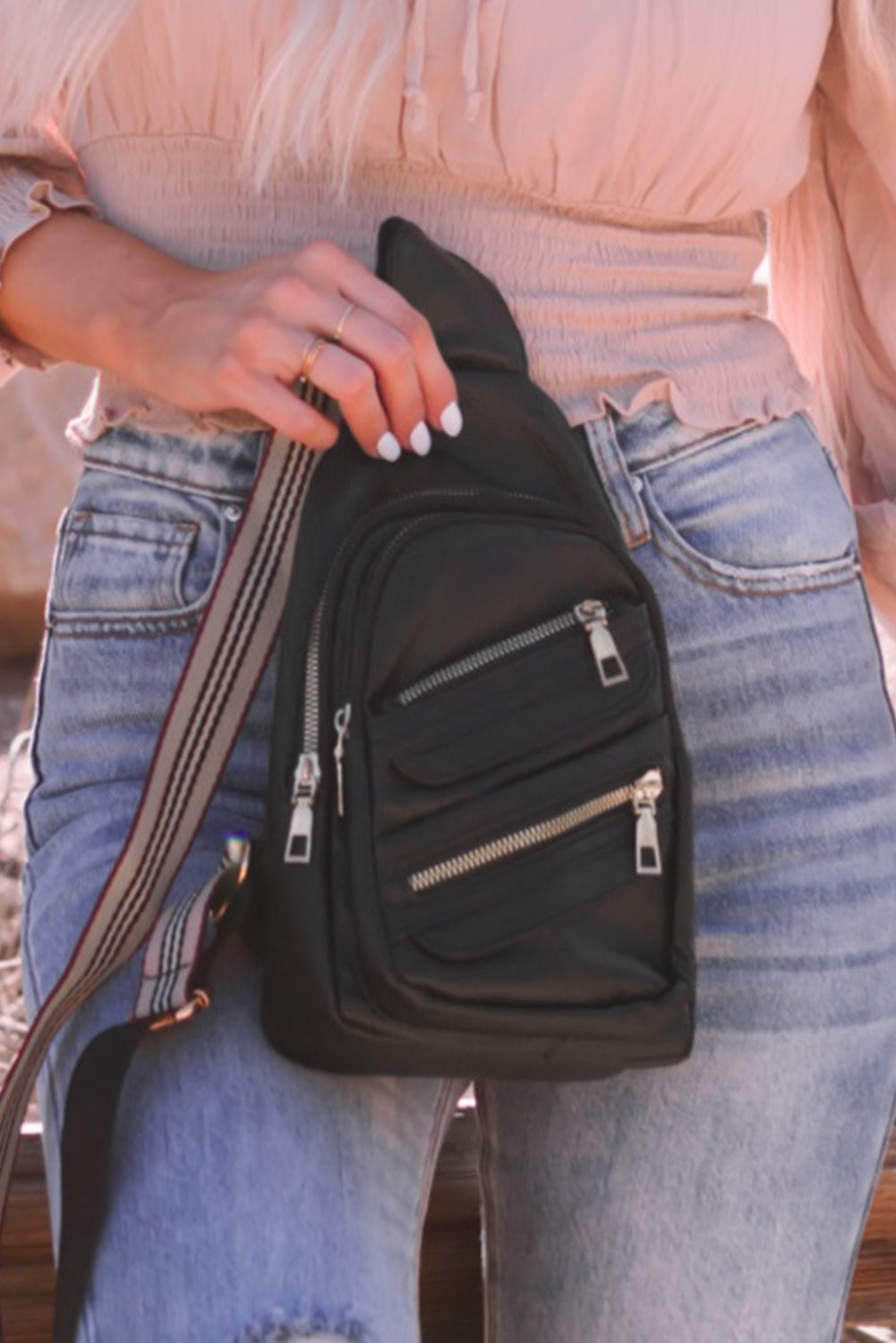 Brown Faux Leather Multi-pockets Zipped Chest Bag