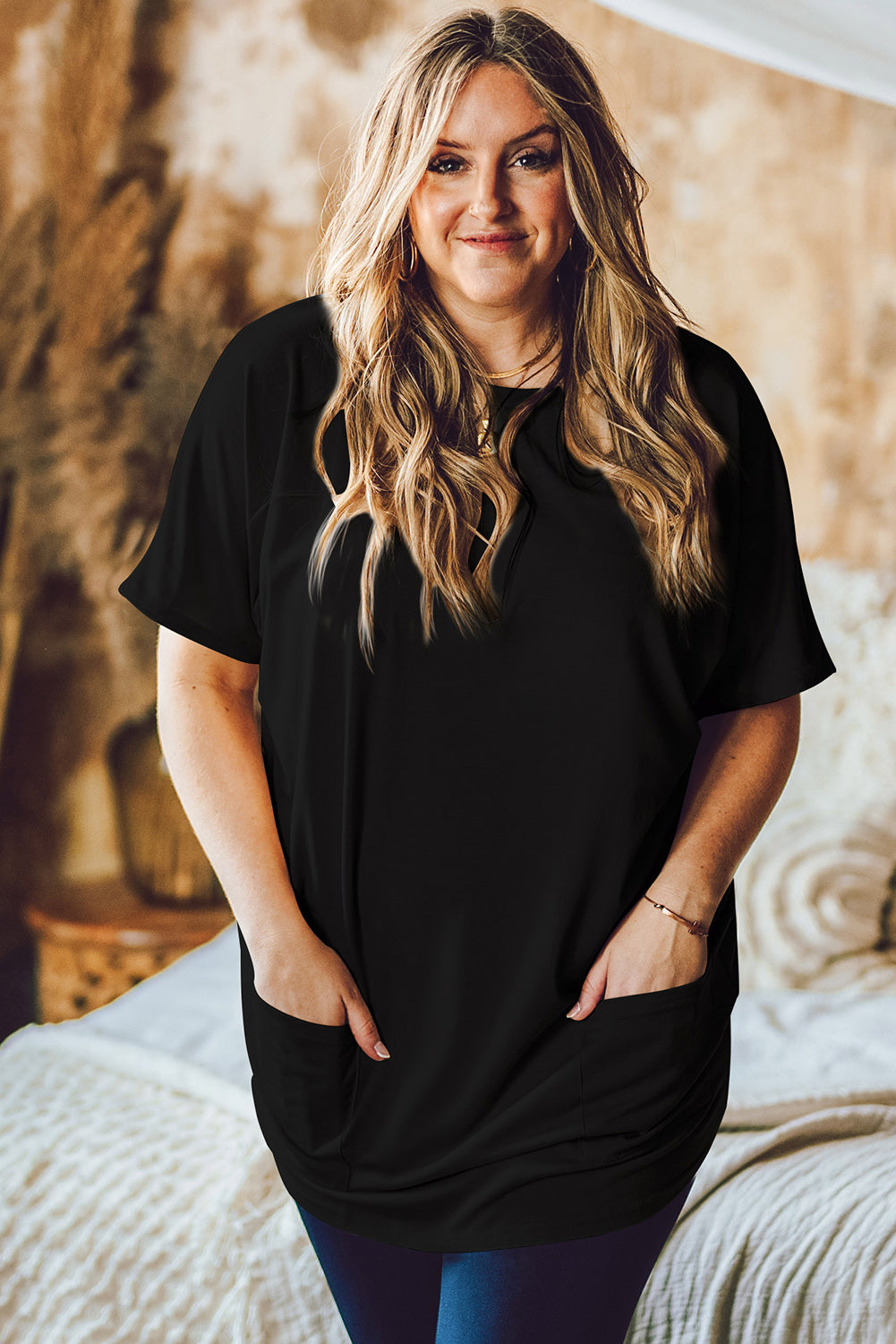 Khaki Side Pockets Short Sleeve Tunic Top