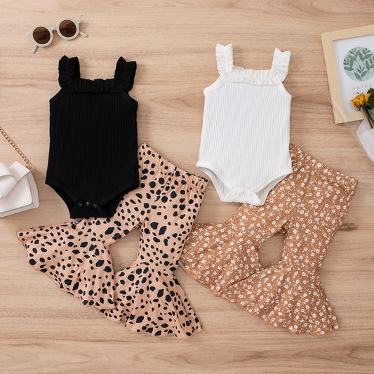 Children's Clothing Strap Leopard Print Floral Bell-bottom Pants Fashion Suit