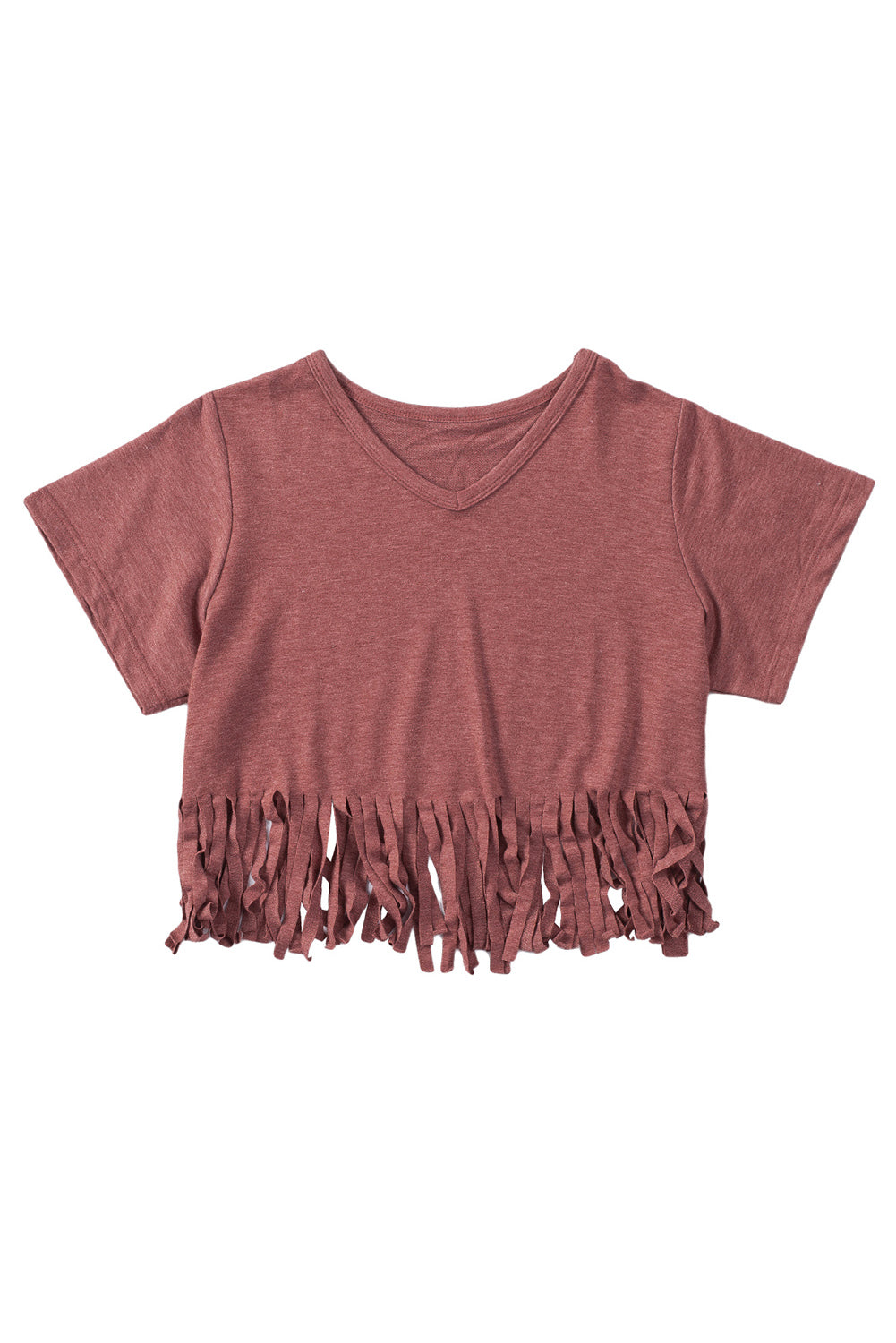 Red Fringe Hem V Neck T Shirt