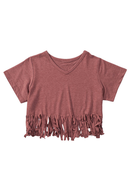 Red Fringe Hem V Neck T Shirt