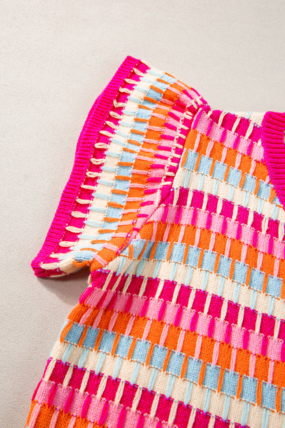 Rose Red Multicolor Flutter Sleeve Knitted Sweater Top