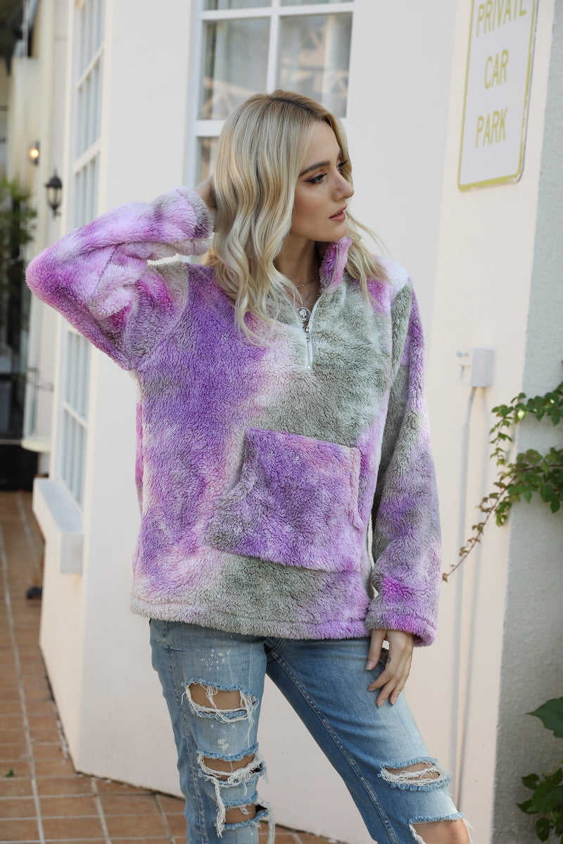 Tie-dye zipper stand collar pocket long sleeve plush sweatshirt