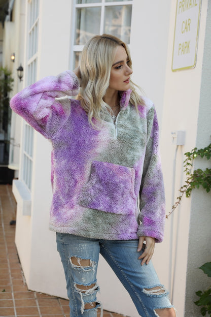 Tie-dye zipper stand collar pocket long sleeve plush sweatshirt