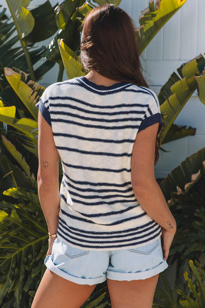 Blue Stripe Loose Buttoned V Neck Sweater Vest