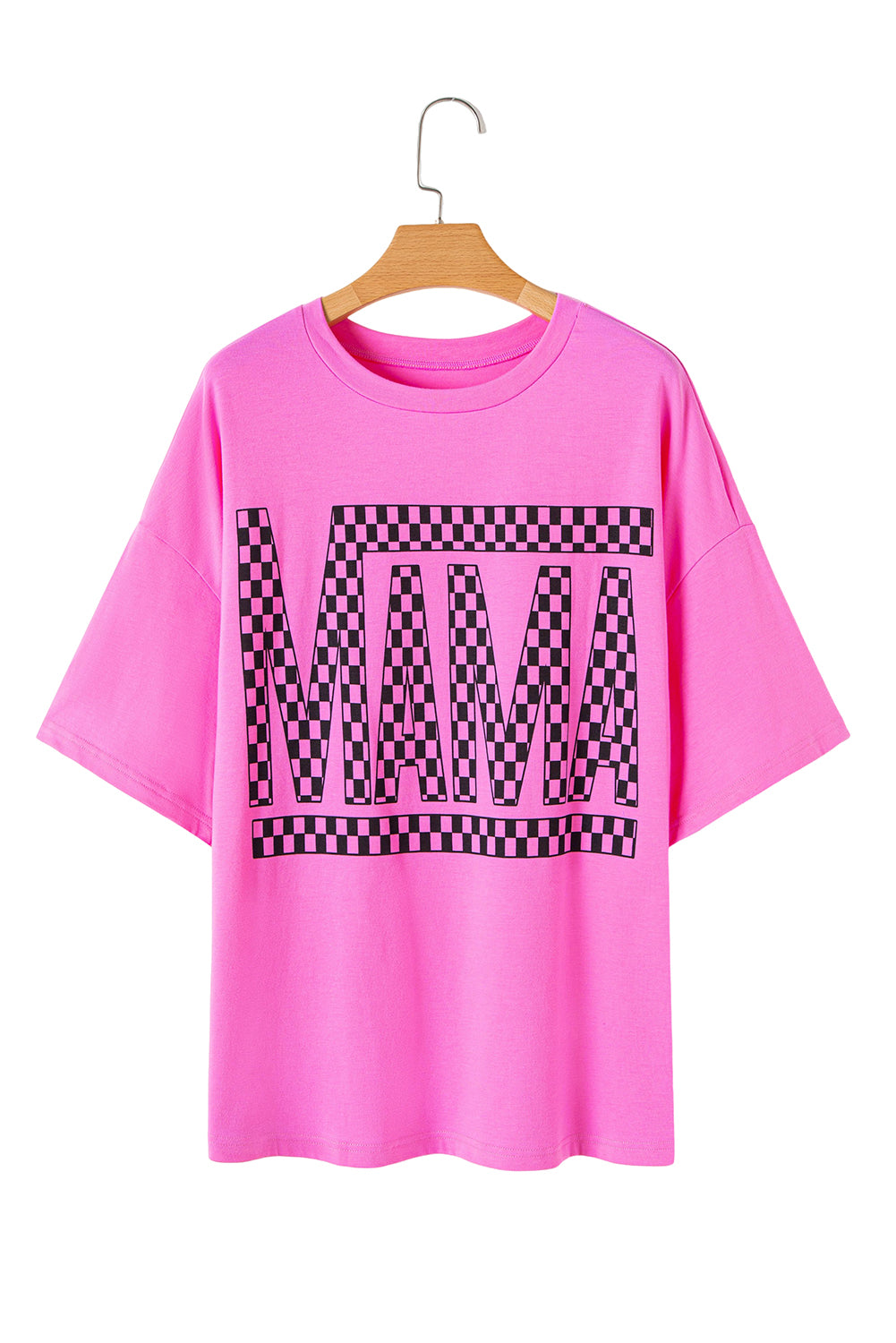 Bright Pink Checker MAMA Letter Printed Graphic Plus Size T Shirt