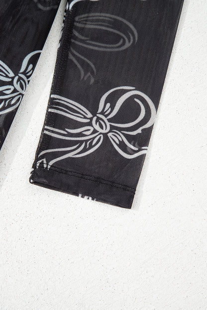 Black Round Neck Bow Print Long Sleeve Mesh Top