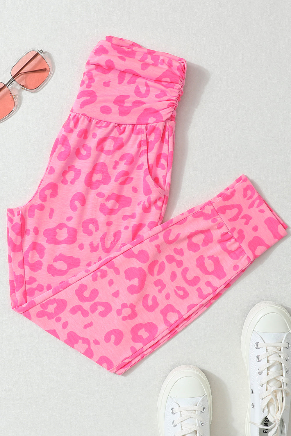 Pink Leopard Print Ankle-length High Waist Skinny Pants