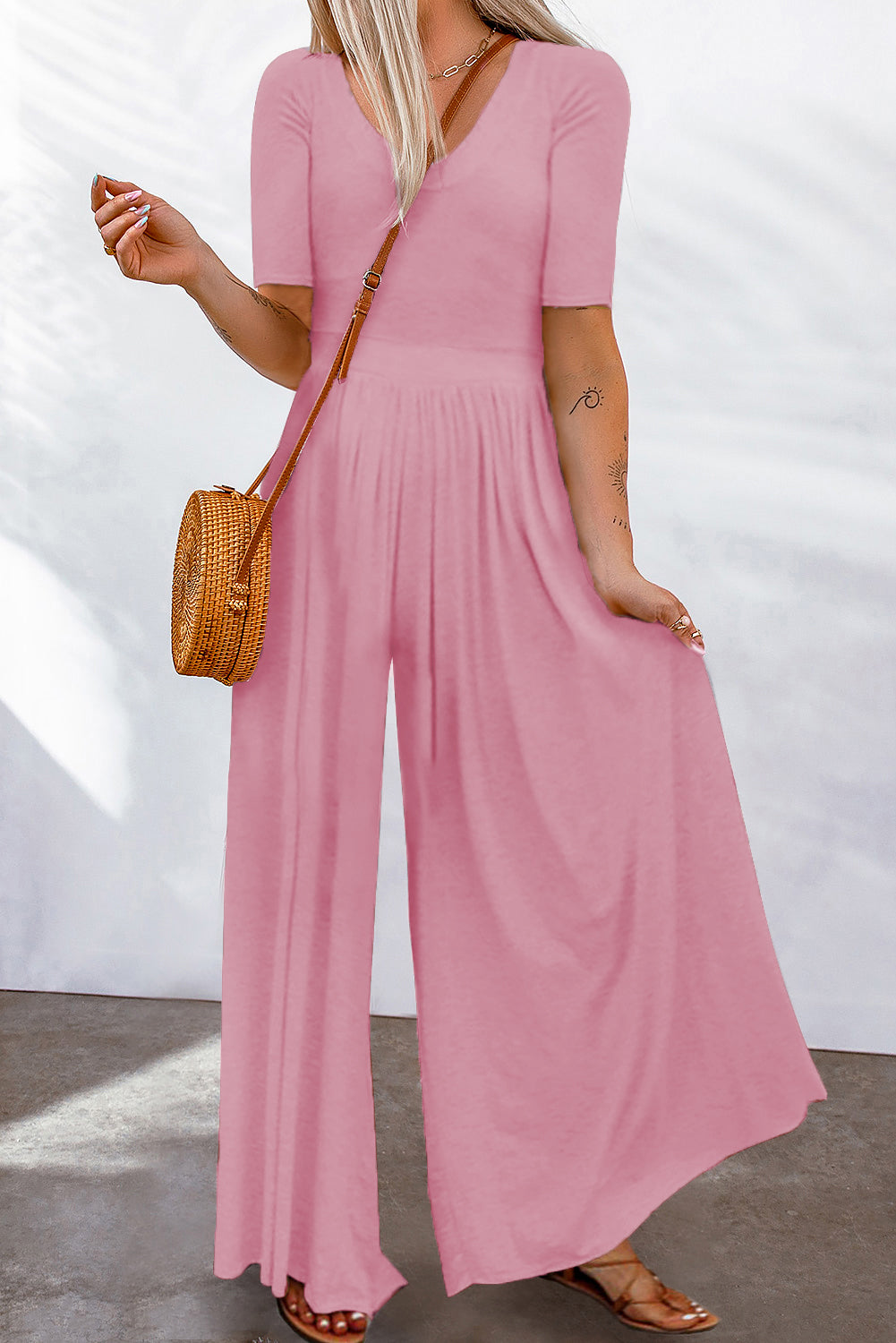 Pink Short Sleeve Bodice Flowy Wide Leg Jumpsuit