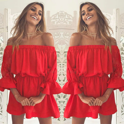 One-line neck waist sexy dress