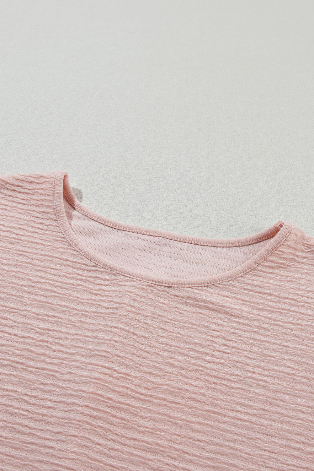 Light Pink Solid Textured Ruffled Short Sleeve Blouse